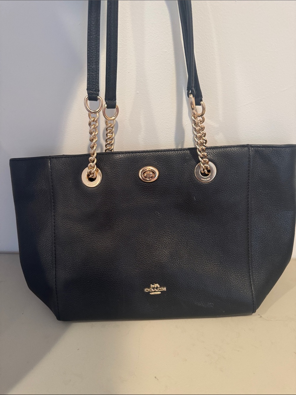 Coach Turnlock black gold chain tote